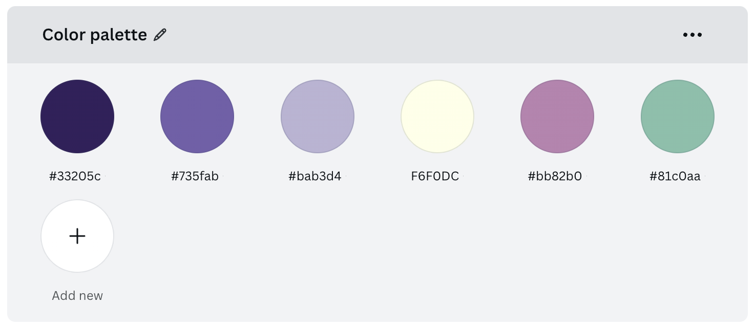 This is a series of color samples comprising the pyOpenSci color palette, which includes six equally-sized circles arranged in a single row. At the top of the image is the text 'Color palette.' The circles contain the following colors, with the corresponding hex code written beneath them: dark purple hex 33205C, medium purple hex 735FAB, light purple hex BAB3D4, cream hex F6F0DC, pink hex BB92B0, and green hex 81C0AA.