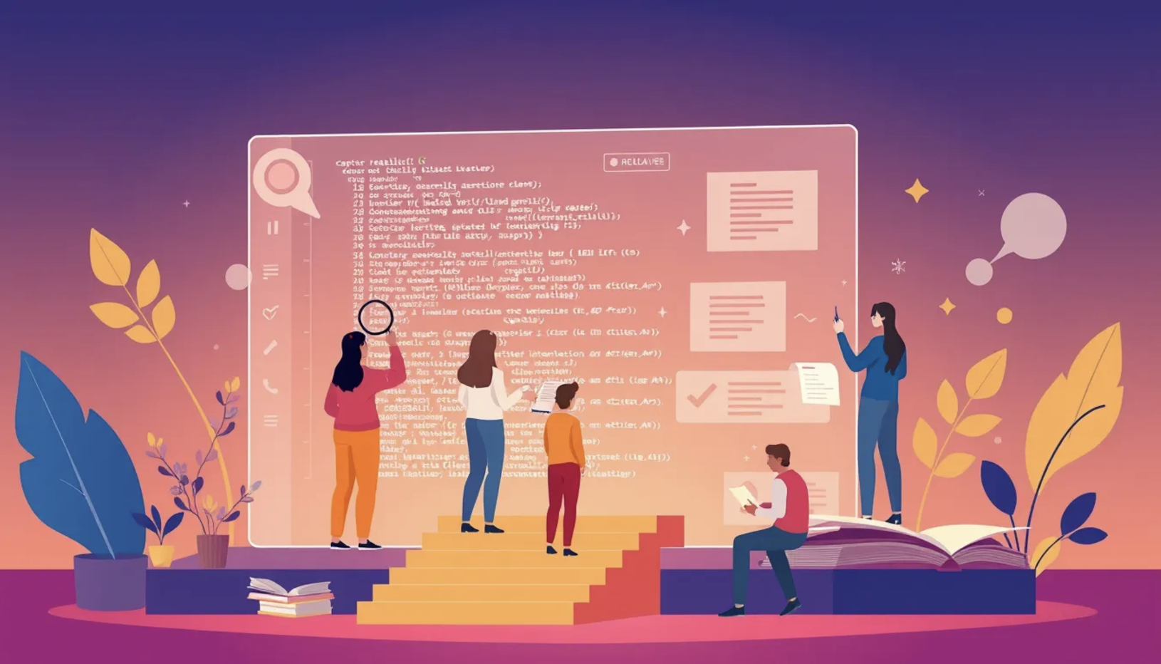 An illustration of a diverse group of people collaboratively analyzing and discussing code displayed on a large transparent screen, surrounded by books, plants, and abstract symbols, set against a vibrant gradient background.