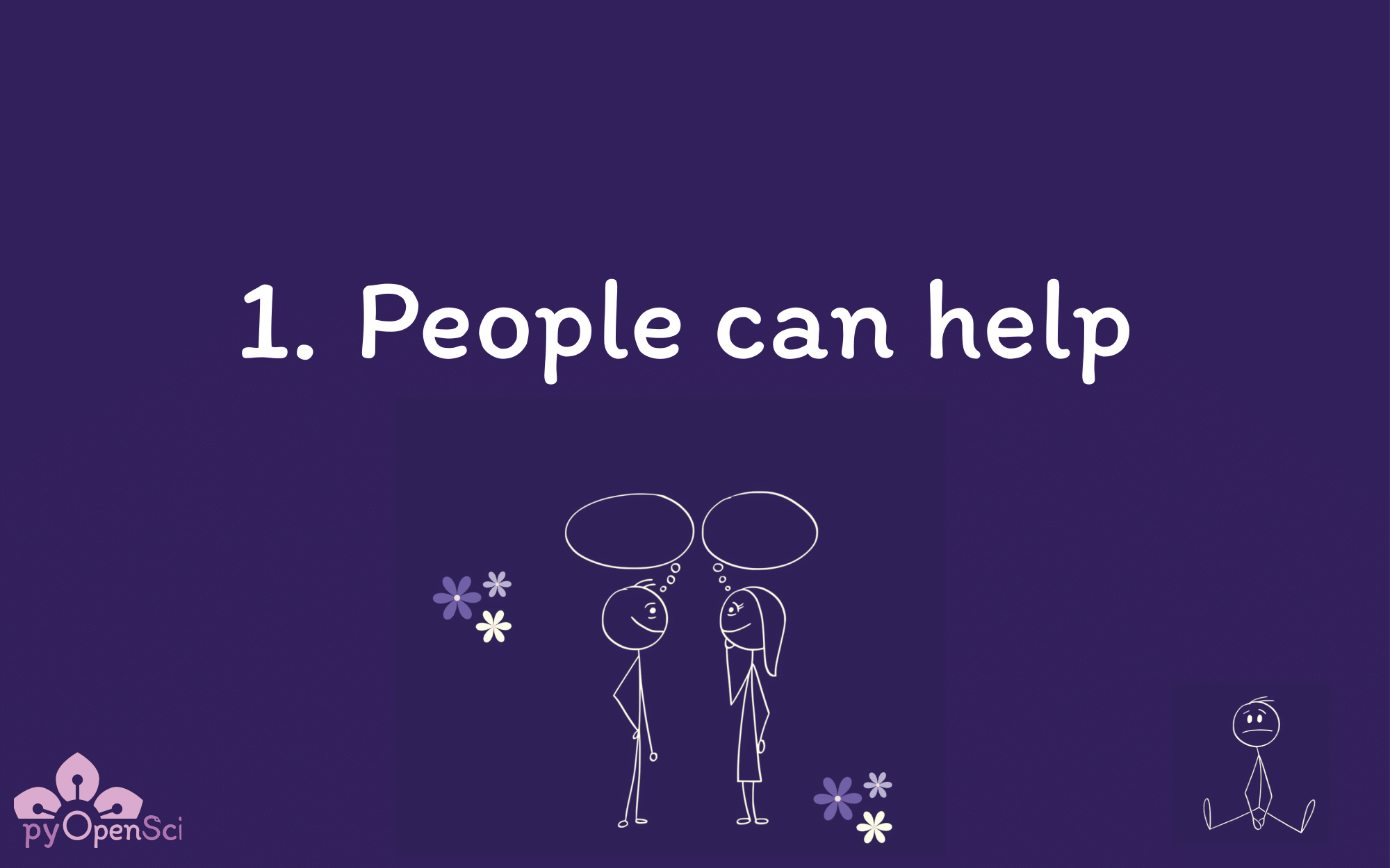 Image on a dark purple background that says—people can help. below are two people stick figure like loking at each other and smiling while chatting.
