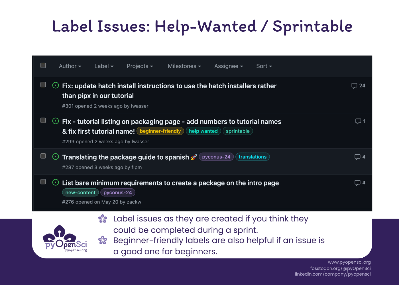 Graphic says Label issues with help-wanted / sprintable. Below it is a list of issues from the GitHub interface. One of the issues in the list is well labeled. It has 3 labels that say beginner-friendly, help wanted and then sprintable. Each has a different color.