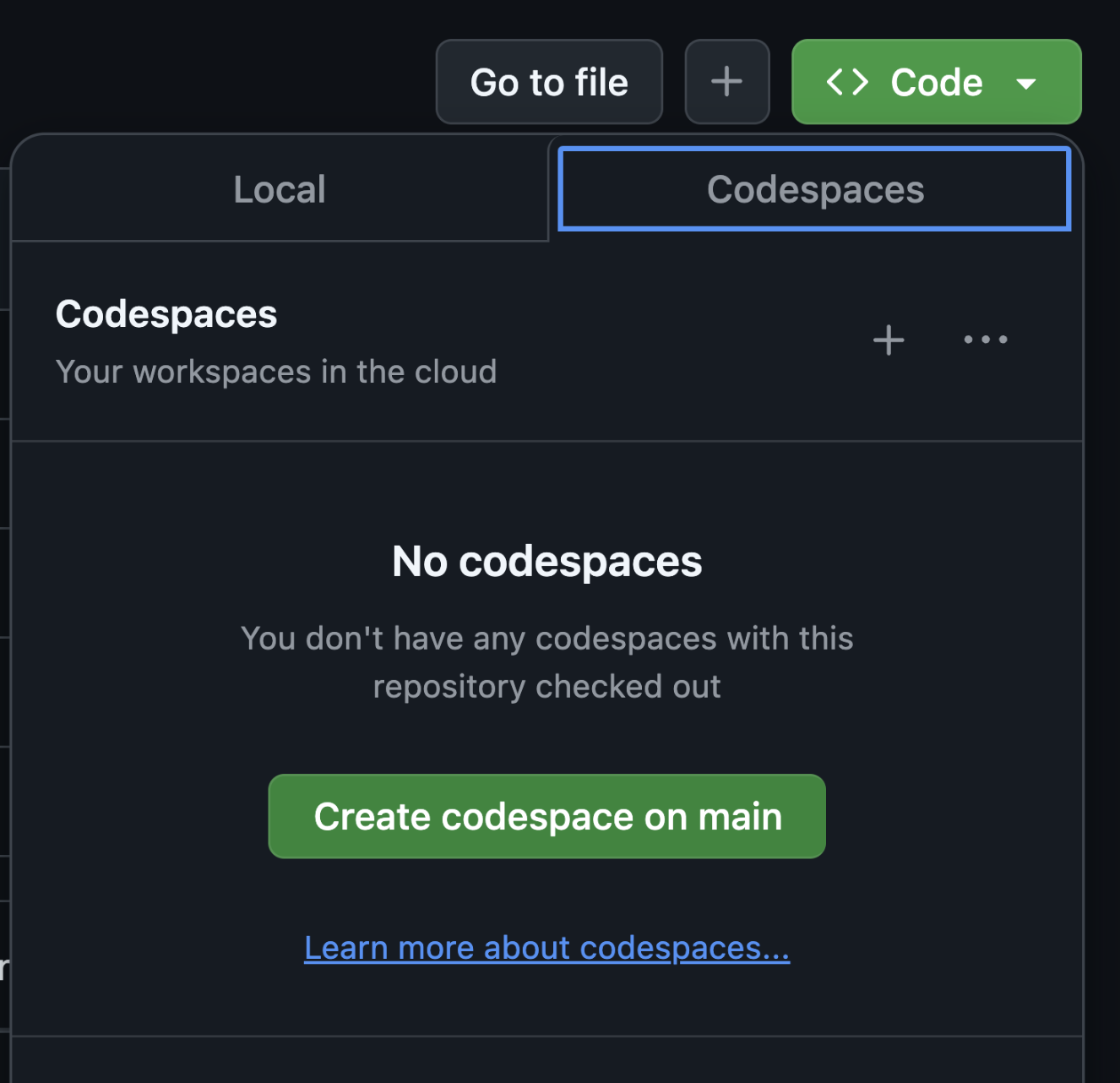 Create codespace on main button