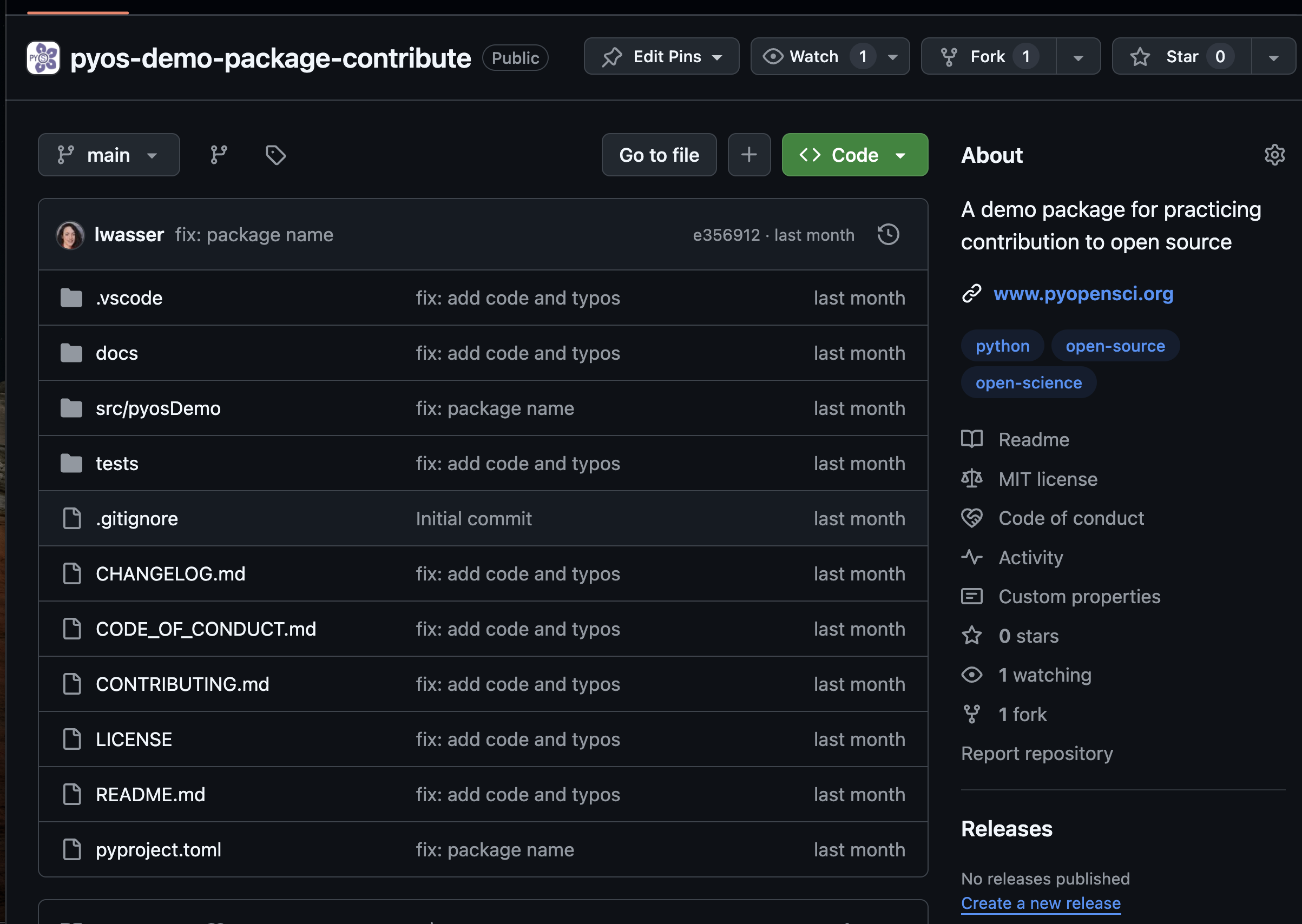 Screenshot of the GitHub repository ‘pyos-demo-package-contribute’ showing files and folders, including README.md, CONTRIBUTING.md, and LICENSE. The sidebar highlights metadata, such as the repository description, links, and license details. The README.md and CONTRIBUTING.md files are highlighted.