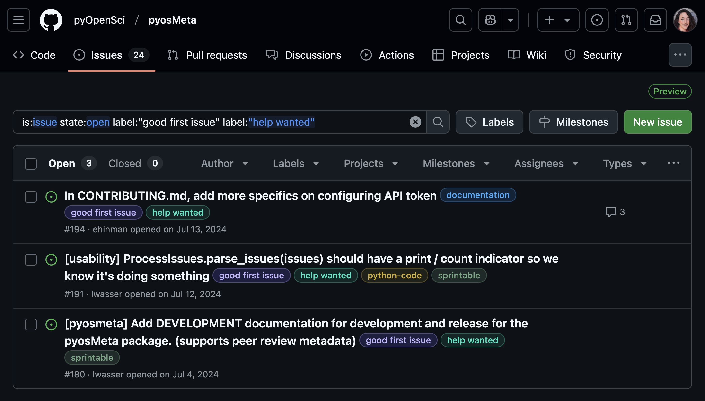 A screenshot of an open GitHub issue for the pyOpenSci pyosMeta project, showing labels like 'good first issue'. pyOpenSci curates beginner-friendly issues for sprints and first-time contributors.